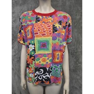 Vintage 90s Traffic Jam Multicolor Geometric Patchwork T-Shirt Womens Medium